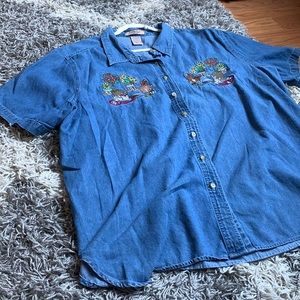 Vintage denim button down with cat embroidery 22W/24W